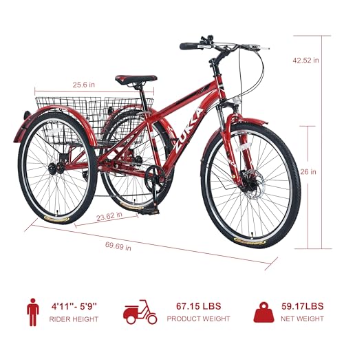 Complete Cruiser Bikes Adult Tricycle Bike,7-Speed Mountain Tricycle,26-Inch 3 Wheels,Comfortable Widen Saddle,Rear Integrated Shopping Basket