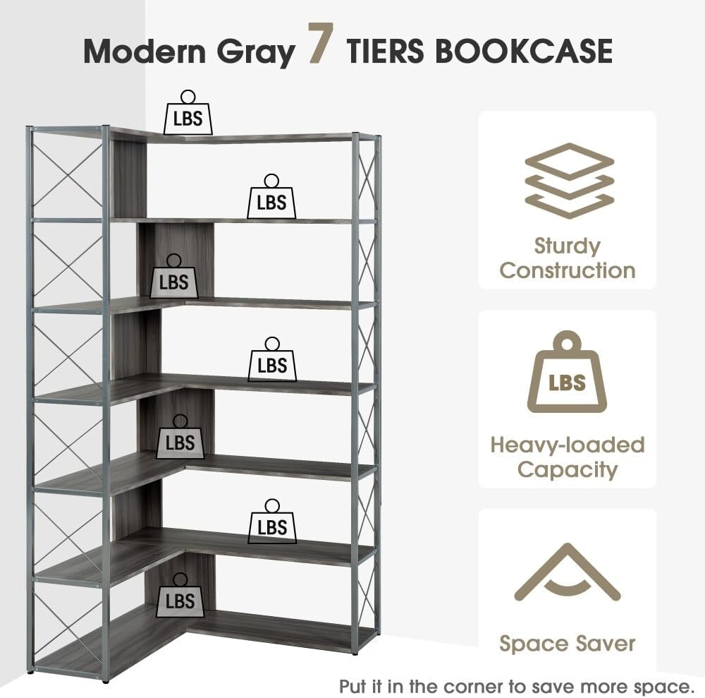 7-Tier L-Shaped Industrial Corner Bookcase Bookshelf Open Storage Silver MDF Natural Finish
