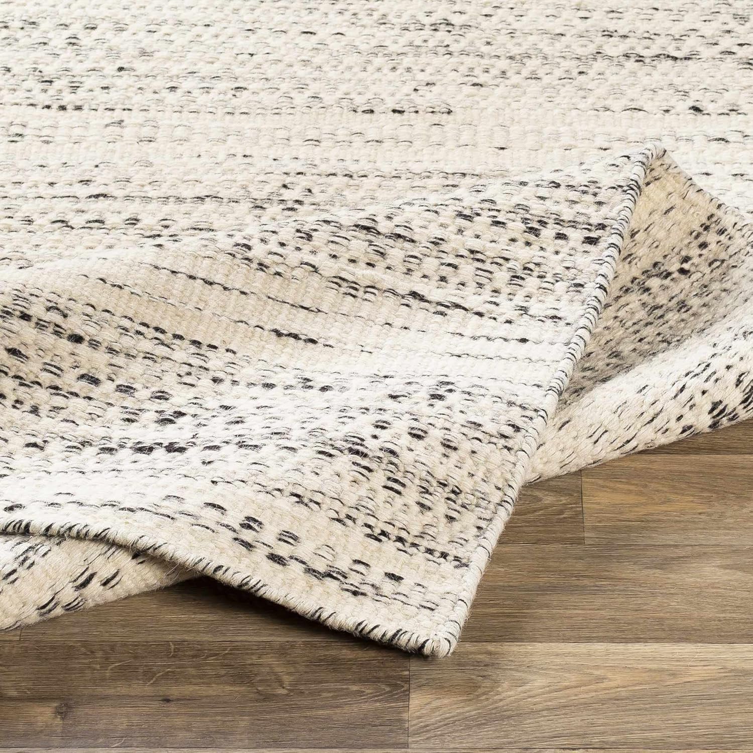 Hauteloom Williford Natural Fiber Contemporary Living Room Bedroom Large Area Rug - Moroccan Farmhouse -100% Wool - Handmade Handwoven Carpet - Bohemian No Pile - Black, Cream, Beige - 8'10" x 12'