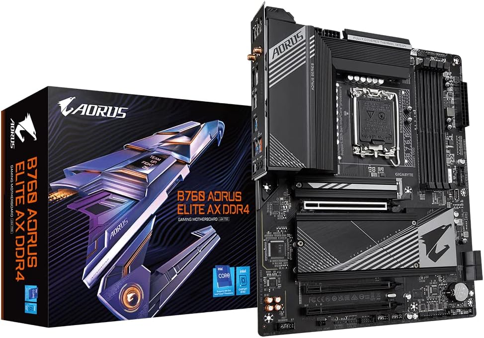 GIGABYTE B760 AORUS ELITE AX DDR4 Intel LGA 1700 ATX Motherboard, 4x DDR4 ~128GB, 3x PCI-E x16, 3x M.2, 4x SATA, 5x USB 3.2, 1x USB-C, 4x USB 2.0