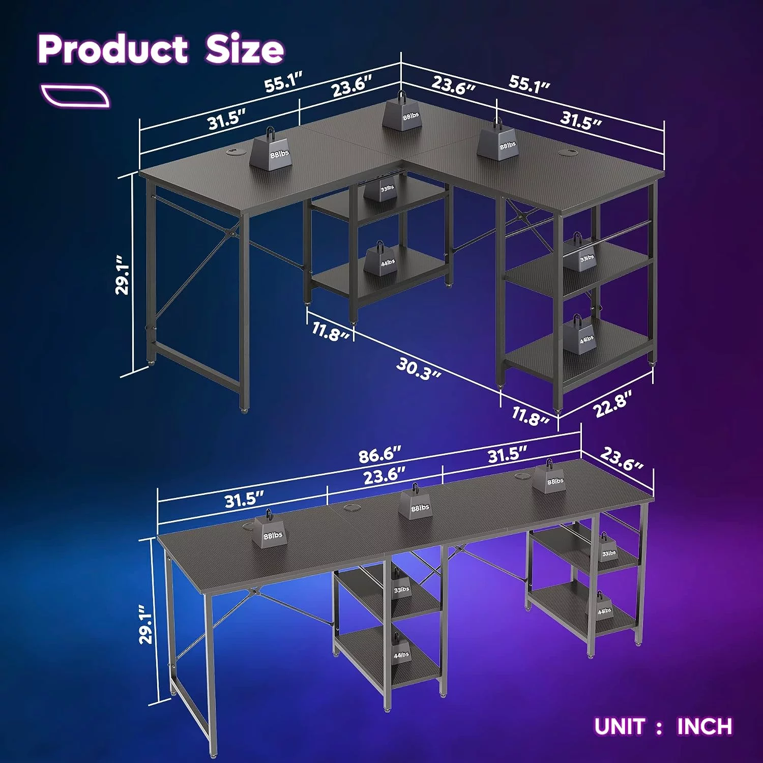 Bestier 86.6 inch L-Shaped Reversible Computer Desk Long Table with Shelves Carbon Fiber Black