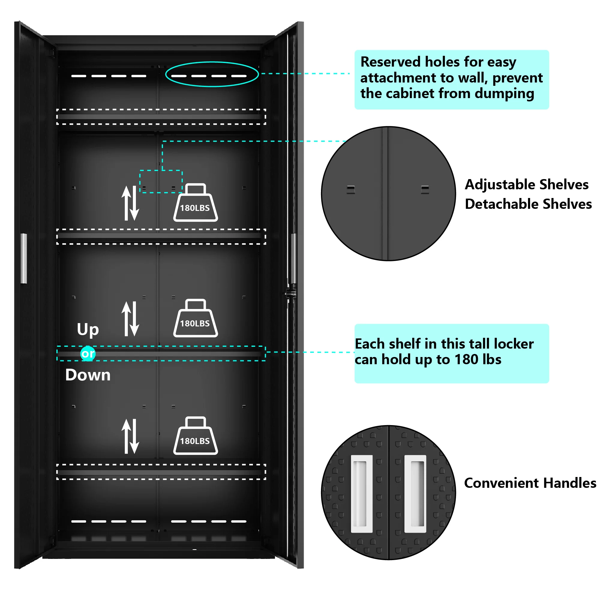 Tall Metal Storage Garage Cabinets with Locking Doors and 4 Adjustable Shelves, Double Handles, Steel Storage Cabinet for Garage, Office, Bedroom,Classroom, Employees,School,GymBlack
