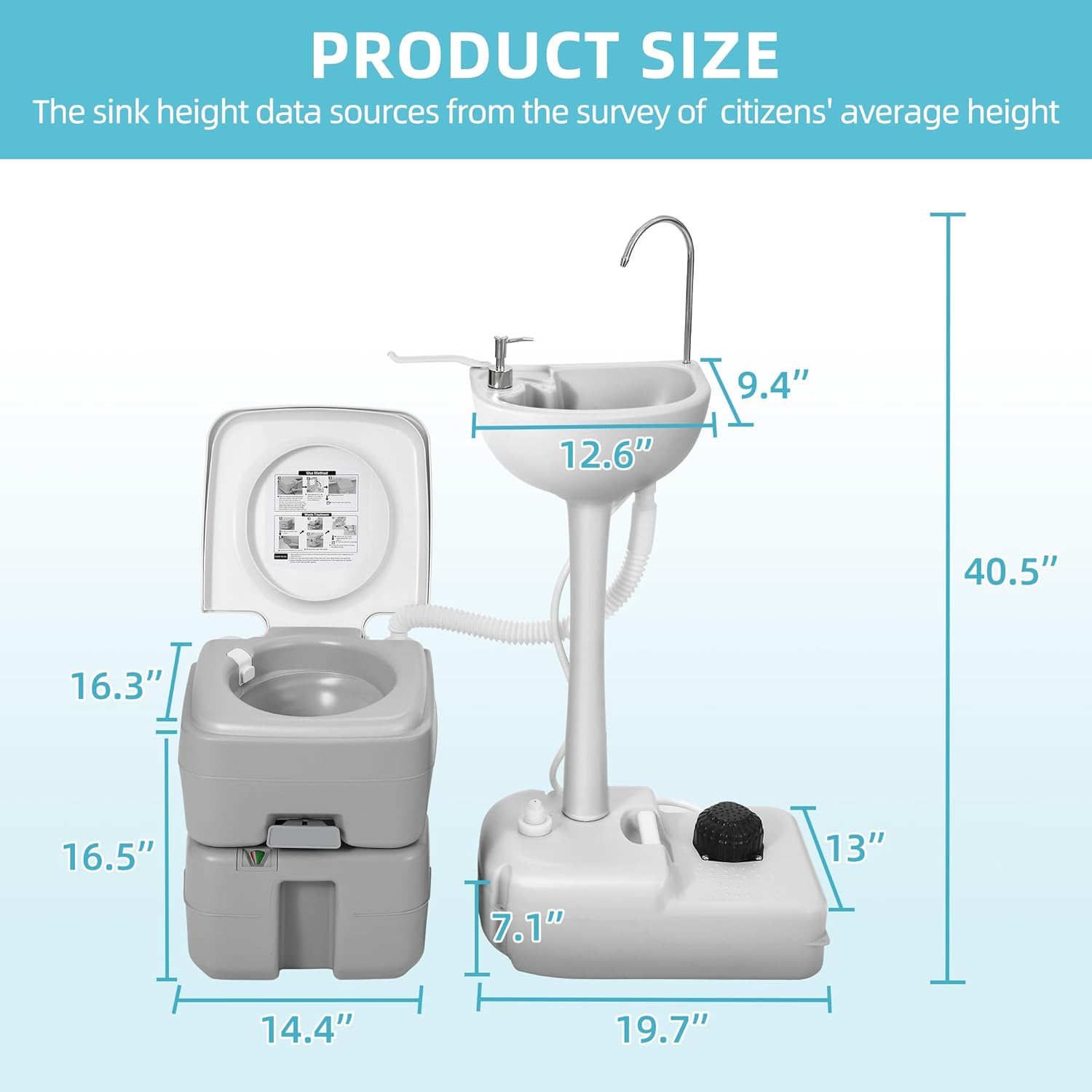 YITAMOTOR 17L Portable Sink for Washing Hands and 5.28 Gallon Portable Toilet, RV Camping Toilet With Level Indicator & Rotatable Spout for Adults, Travel, Boat, Gather, Wedding, Worksite
