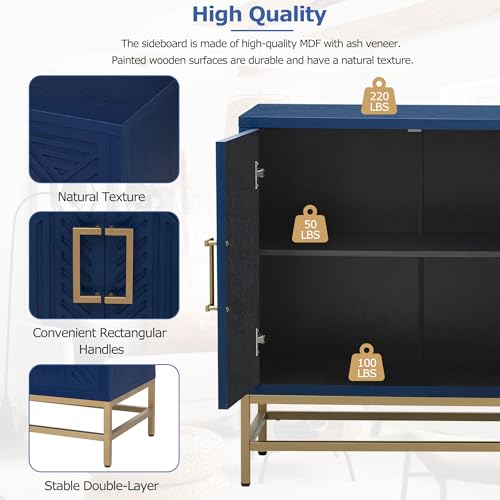 59.8" Retro Style Accent Storage Cabinet with 4 Doors and Rectangular Metal Handles and Legs, Wooden Buffet Sideboard Adjustable Shelves for Kitchen, Living Room and Dining Room (Navy)