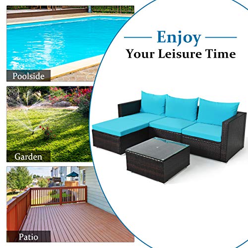 Tangkula 5 Piece Outdoor Patio Furniture Set, Sturdy Frame and Weight Capacity Up to 360 Pound, Wicker Sectional Sofa Set with Glass Top Coffee Table, Porch Garden Poolside Furniture for 4 (Turquoise)