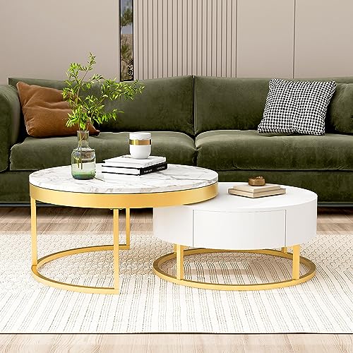 Modern Round Lift-top Nesting Coffee Tables with 2 Drawers for Living Room White & Natural