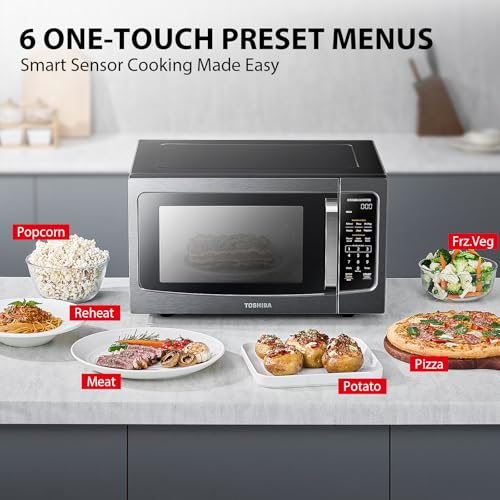 TOSHIBA EM131A5C-BS Countertop Microwave Ovens 1.2 Cu Ft, 12.4" Removable Turntable Smart Humidity Sensor 12 Auto Menus Mute Function ECO Mode Easy Clean Interior Black Color 1000W