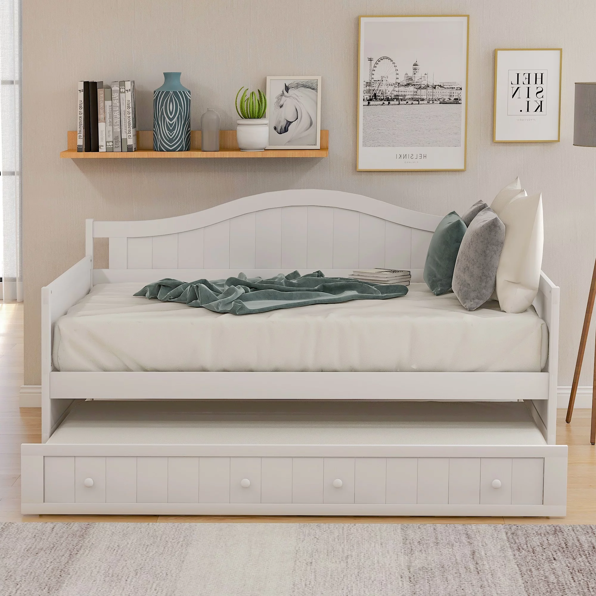 White Wooden Twin Size Daybed with Trundle Bed