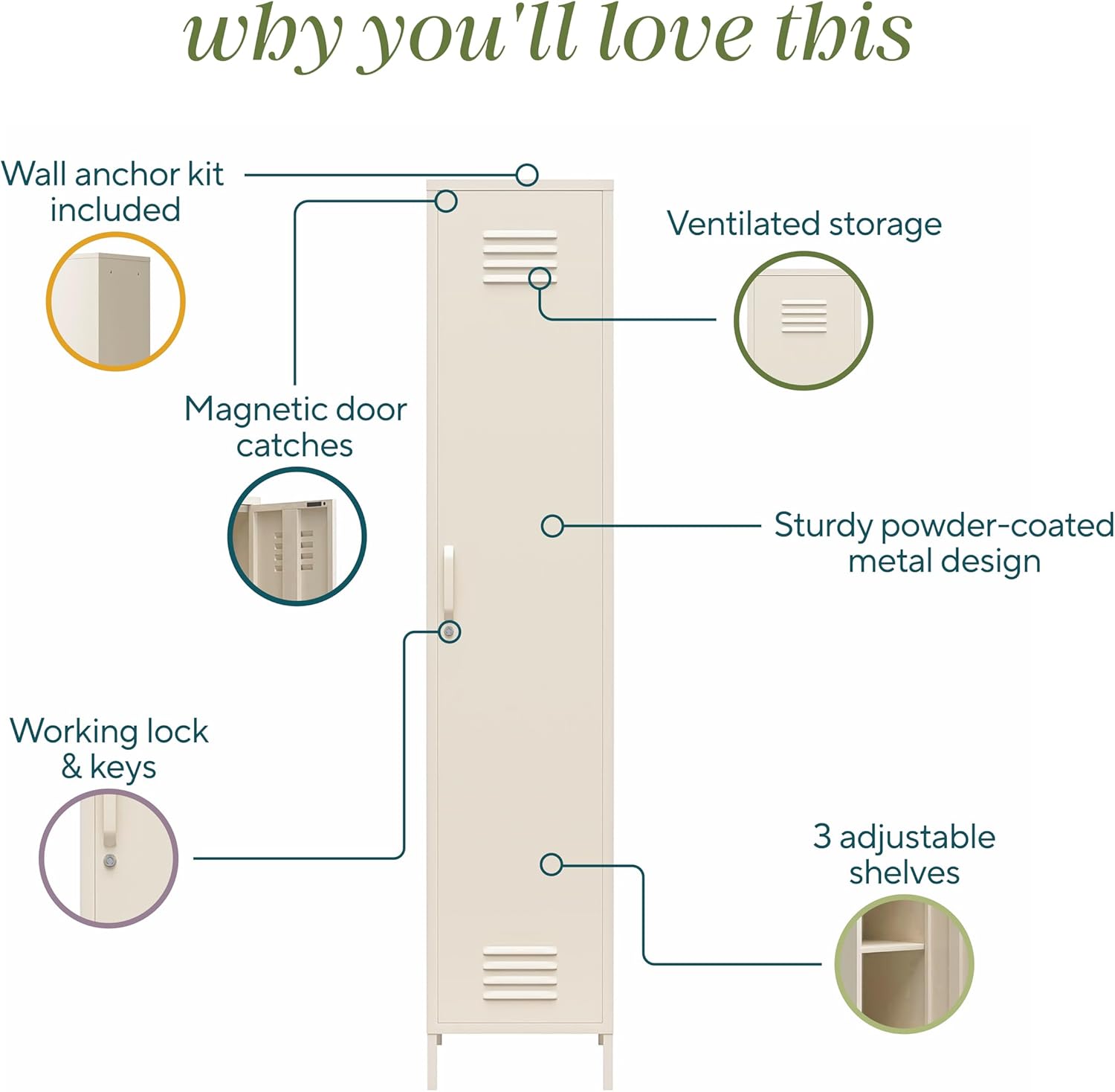 Novogratz Cache 1-Door Tall Single Metal Locker Style Storage Cabinet, Parchment