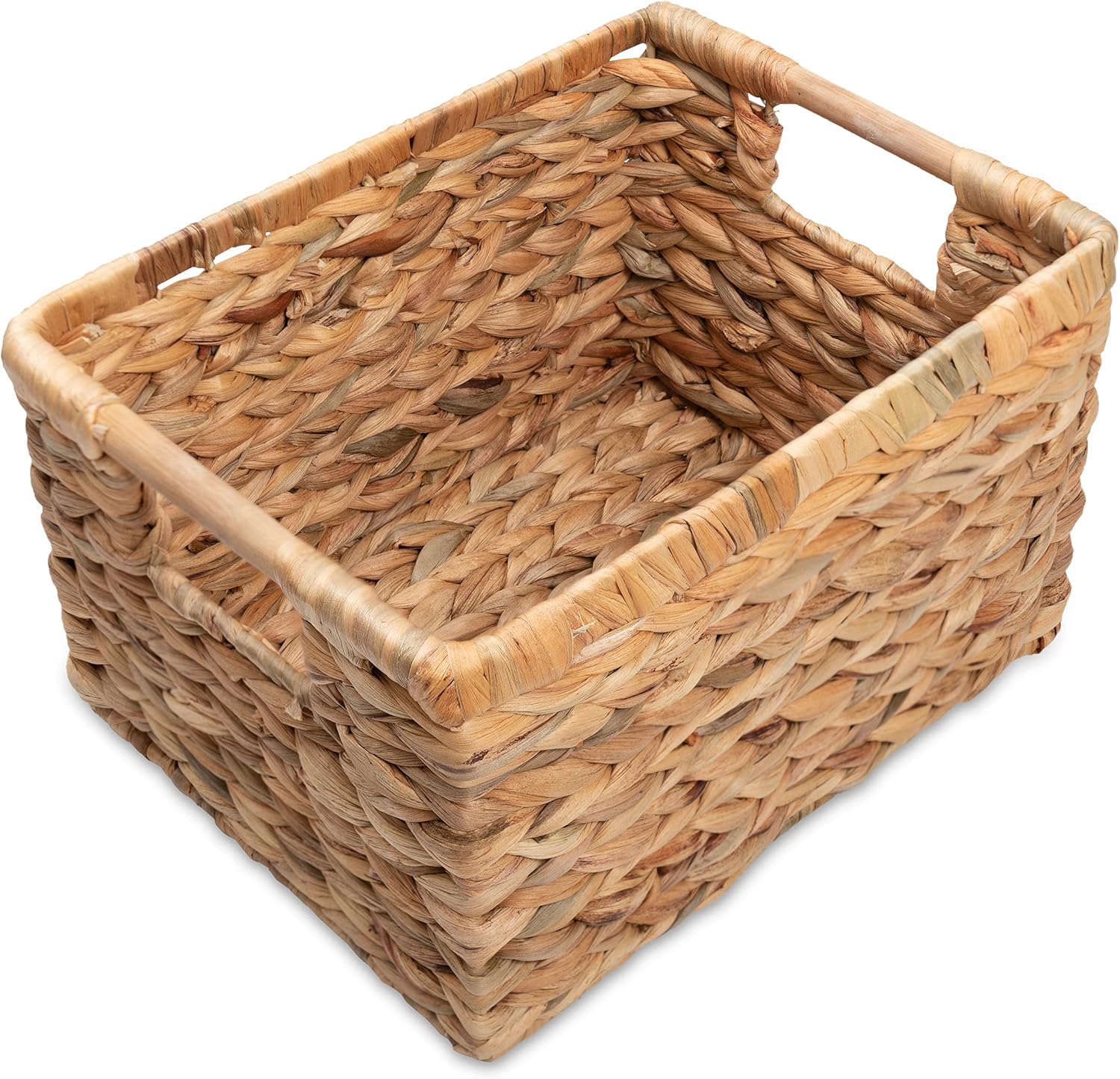 VATIMA Large Wicker Basket Rectangular with Wooden Handles for Shelves, Water Hyacinth Basket Storage, Natural Baskets for Organizing, Wicker Baskets for Storage 14.5 x 10.3 x 7.2 inches