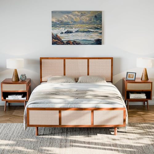 Bme Nancy Solid Acacia Wood Coffee Table for Living Room, Spacious Oval-Shaped 237 Lbs Top Capacity, Rattan Shelf Below, Mid Century, Rustic and Modern Style Living Room Furniture, Dark Chocolate