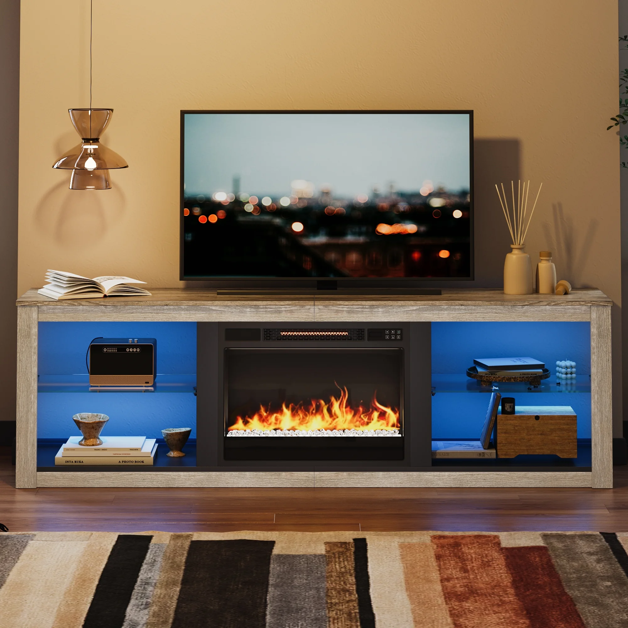 Bestier Modern Electric Fireplace TV Stand for TVs up to 75" with LED Light in Wash White+Grey