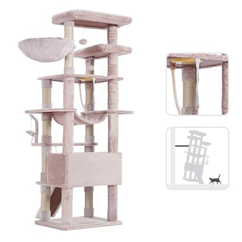 Heybly Gothic Cat Tree,78 inch Multi-Level Tall Cat Tower for Indoor Cats,2 Widened Plush Perches Cat Condo with Scracthing Board and Big Caves,Black and Red HCT033BR
