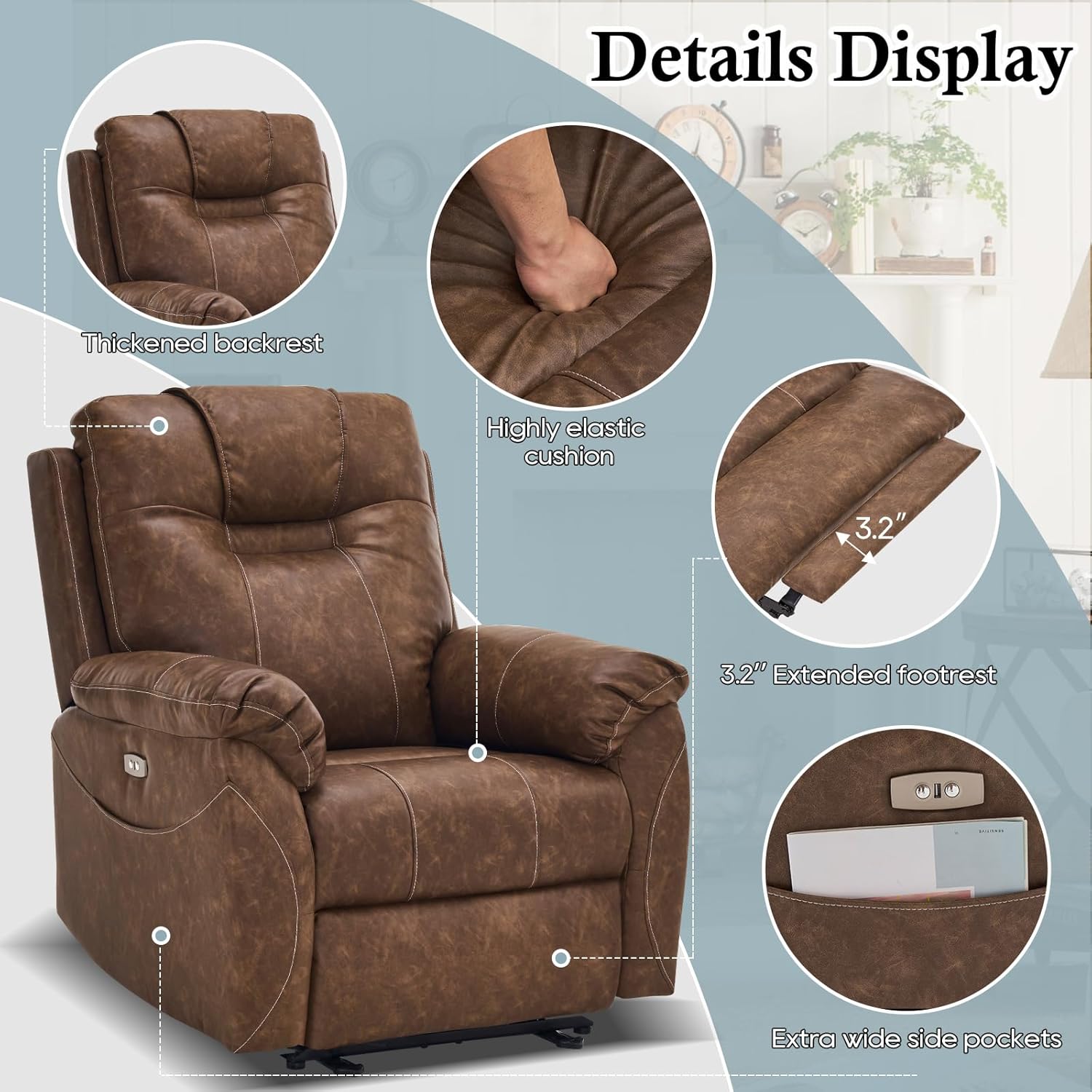 Electric Recliner with Heat & Massage, Leather Recliner Chair with Extended Footrest, Wall Hugger Recliners, Power Recliner Chair with 2 Side Pockets & USB Ports for Living Room & Bedroom