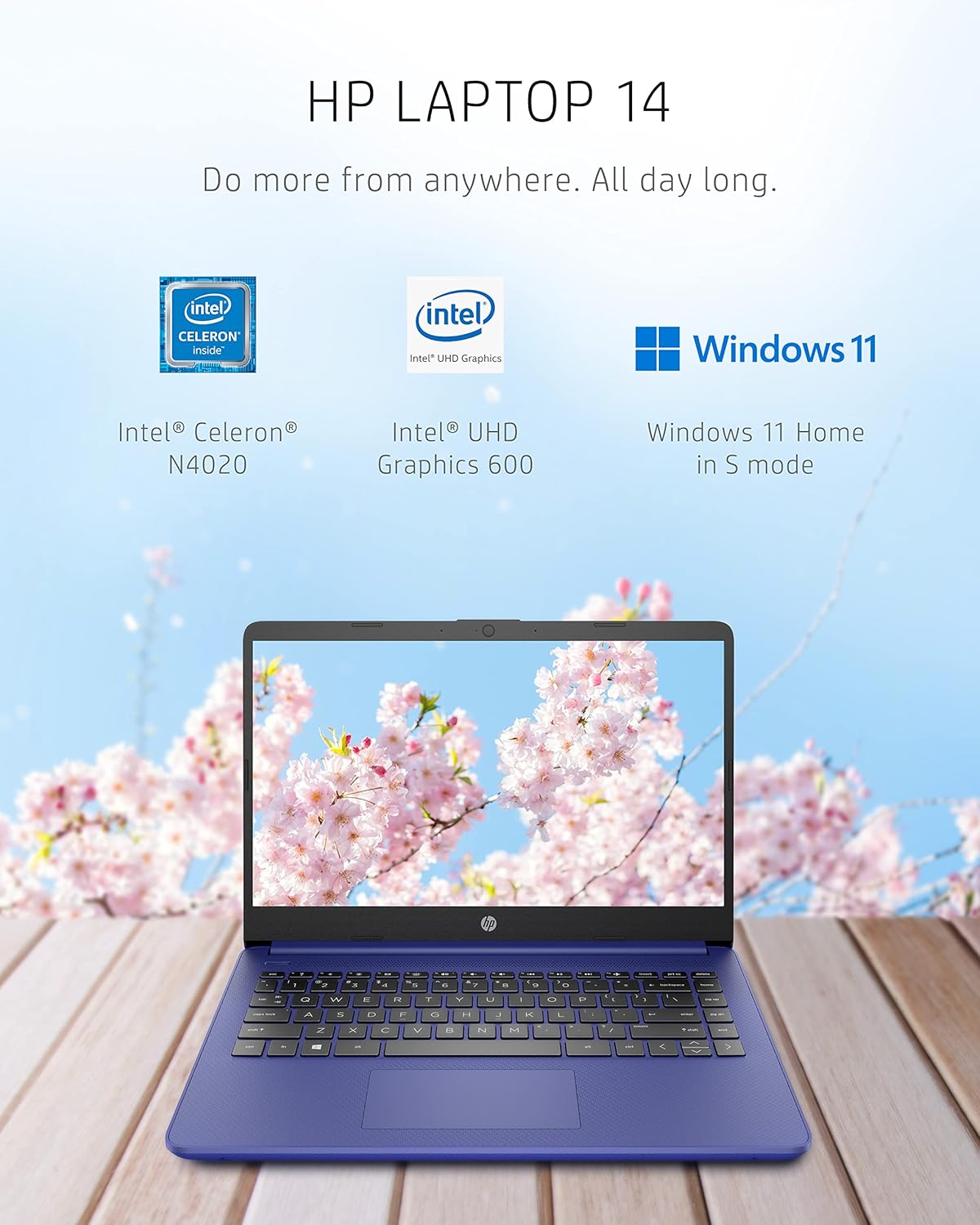 HP 14 Laptop, Intel Celeron N4020, 4 GB RAM, 64 GB Storage, 14-inch Micro-edge HD Display, Windows 11 Home, Thin & Portable, 4K Graphics, One Year of Microsoft 365 (14-dq0010nr, Indigo Blue)