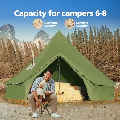 Cotton Canvas Bell Tent, Waterproof Large Tents with Sturdy Center & Door Pole and Space for 4/6/8 Person All 4 Season Camping Yurt Tent