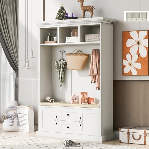 Hall Tree with 3 Hooks, Coat Hanger, Entryway Bench with Cushion, 3-in-1 Design, Storage Cabinet for Entrance, Hallway, Bedroom, Tiger