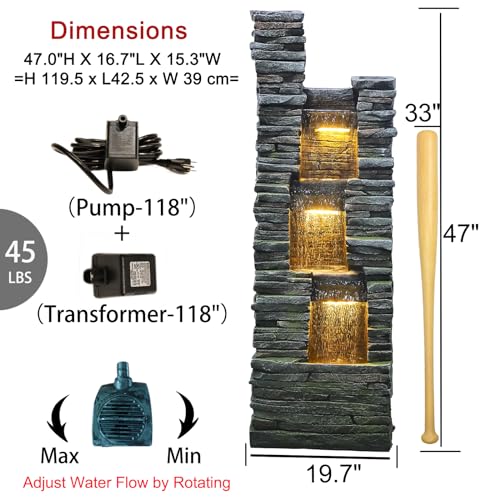 Water Fountain Outdoor Indoor - Modern Waterfall Garden Freestanding Fountain Curved Surface Artistry Design with LED Lights and Light Strip for Home Decor Patio Yard Pool,37.4 inches Tall