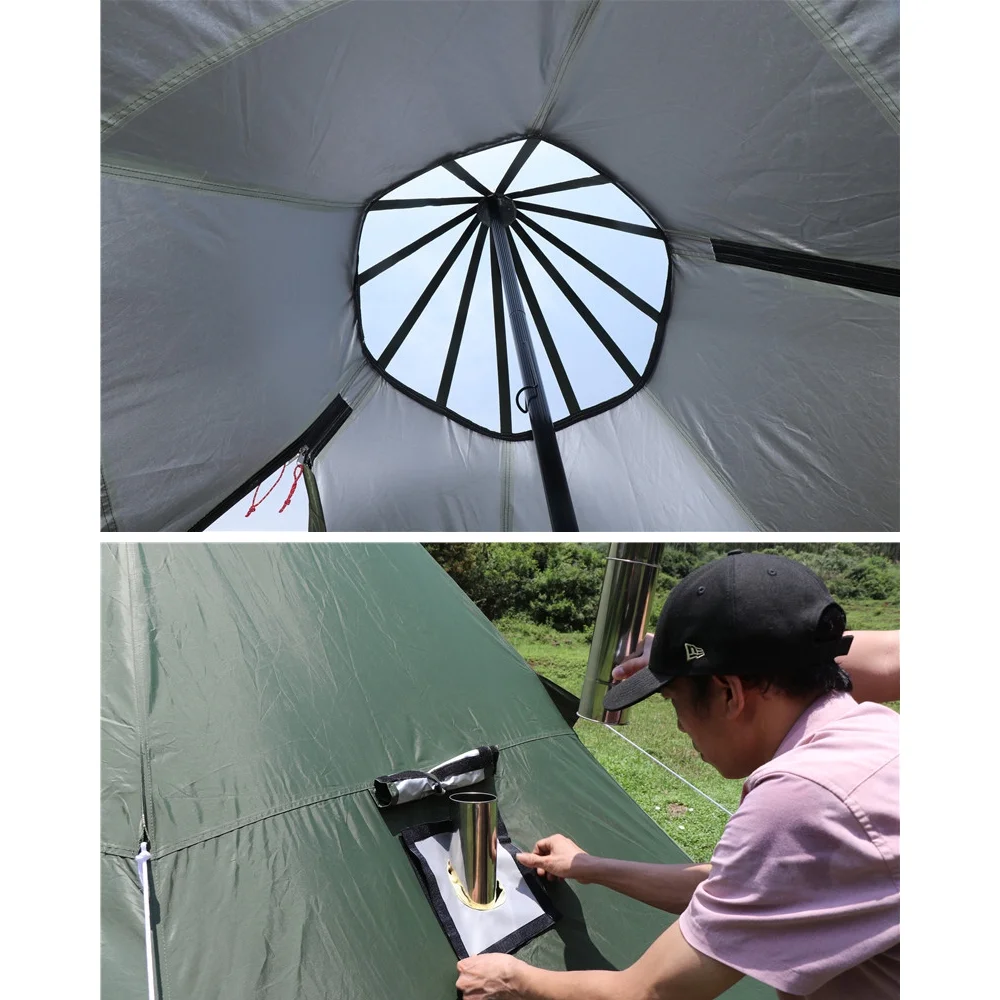 UNISTRENGH 4 Season Waterproof Oxford Teepee Tent With Stove Jack For Camping Hiking Green Pyramid Tent With Full Mesh