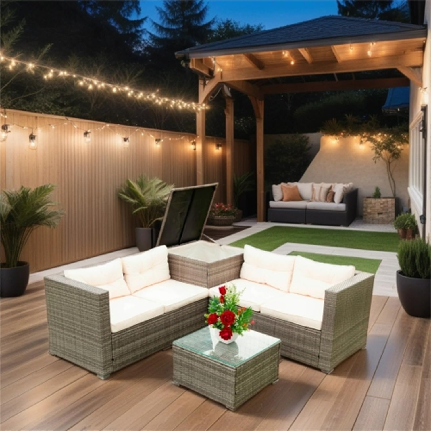 4 Piece Patio Sectional Wicker Rattan Outdoor Furniture Sofa Set with Storage Box - Grey Wicker Creme Cushion