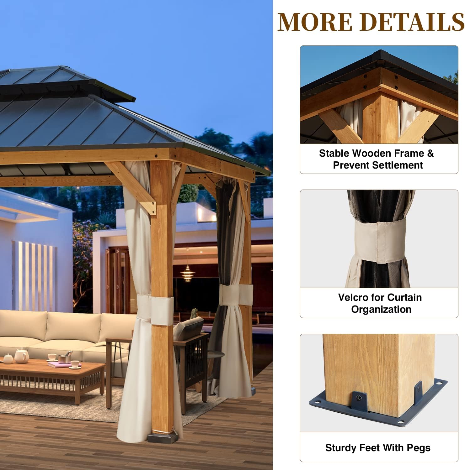 11' x 13' Solid Wood Gazebo, Hardtop Gazebo Plastic Sprayed Metal Roof Outdoor Gazebo Canopy Double Vented Roof Pergolas Wood Frame with Netting and Curtains for Garden, Patio, Lawns, Parties