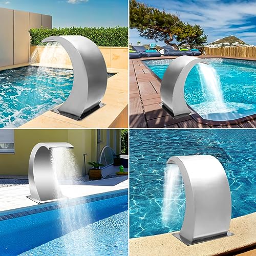 Pool Waterfall Fountains, Stainless Steel Pool Waterfall Spillway with Pipe Connector Rectangular for Indoor/Outdoor Decorative (17.7 Inch)