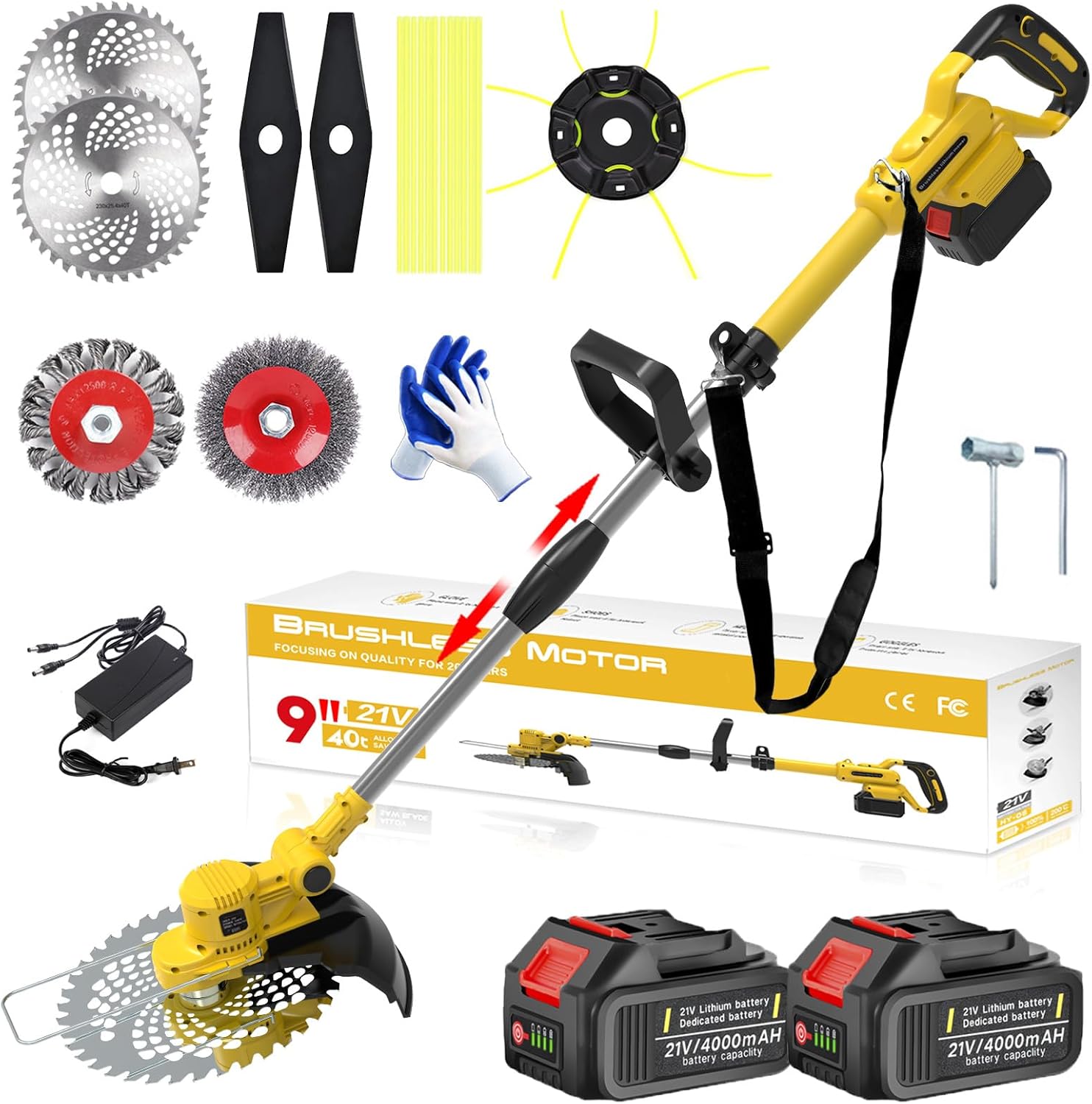 Weed Wacker Cordless, 4-in-1 Weed Eater Battery Powered, 21V Electric Weed Eater, with 2 x 4.0Ah Batteries, String Trimmer, for Lawn, Yard and Bush Trimming