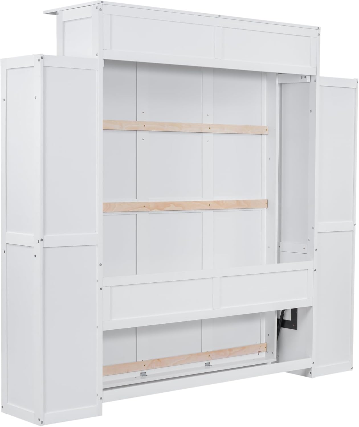 Merax Murphy Bed, Queen Size Wooden Wall Bed Shelves and LED Lights for Bedroom, Wood Slat Support, No Box Spring Needed, Easy Assembly, White