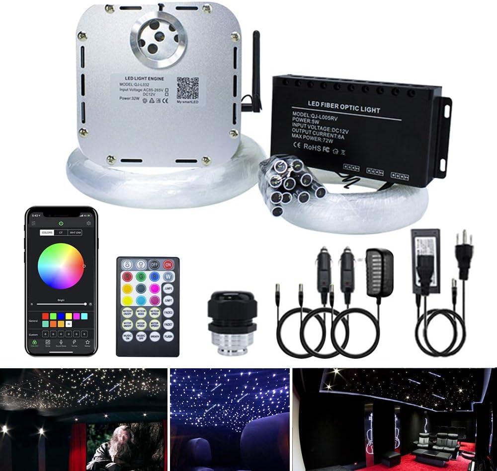 AKEPO Car Home Use 32W RGBW Twinkle+ Sound Activated+ APP Fiber Optic Lights Kit Star Ceiling Sky Light with Total 800pcs in 13.1ft/4m + 9.8ft/3m Long Optical Fiber Cable for Indoor or Interior Decor