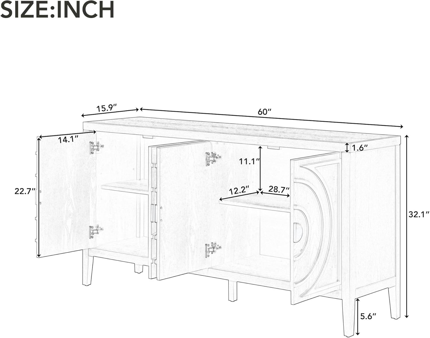 Retro Kitchen Accent Storage Cabinet with Circular Groove Design Door,Round Metal Handle,Sideboard Buffet Cabinet,Cupboard,60” Console Table for Dining Room,Living Room,Bedroom,Entryway
