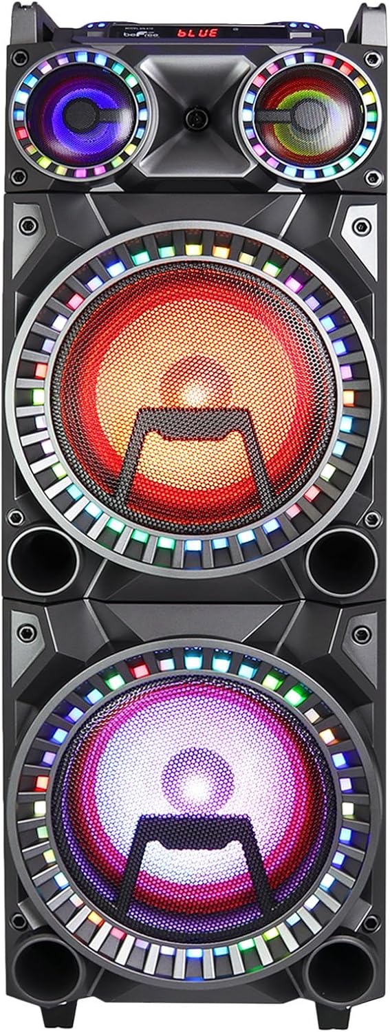 beFree Sound Dual 10 Inch Subwoofer Bluetooth Portable Party Speaker with Sound Reactive Party Lights, USB/SD Input, Rechargeable Battery, Remote Control and 2 Wireless Microphones