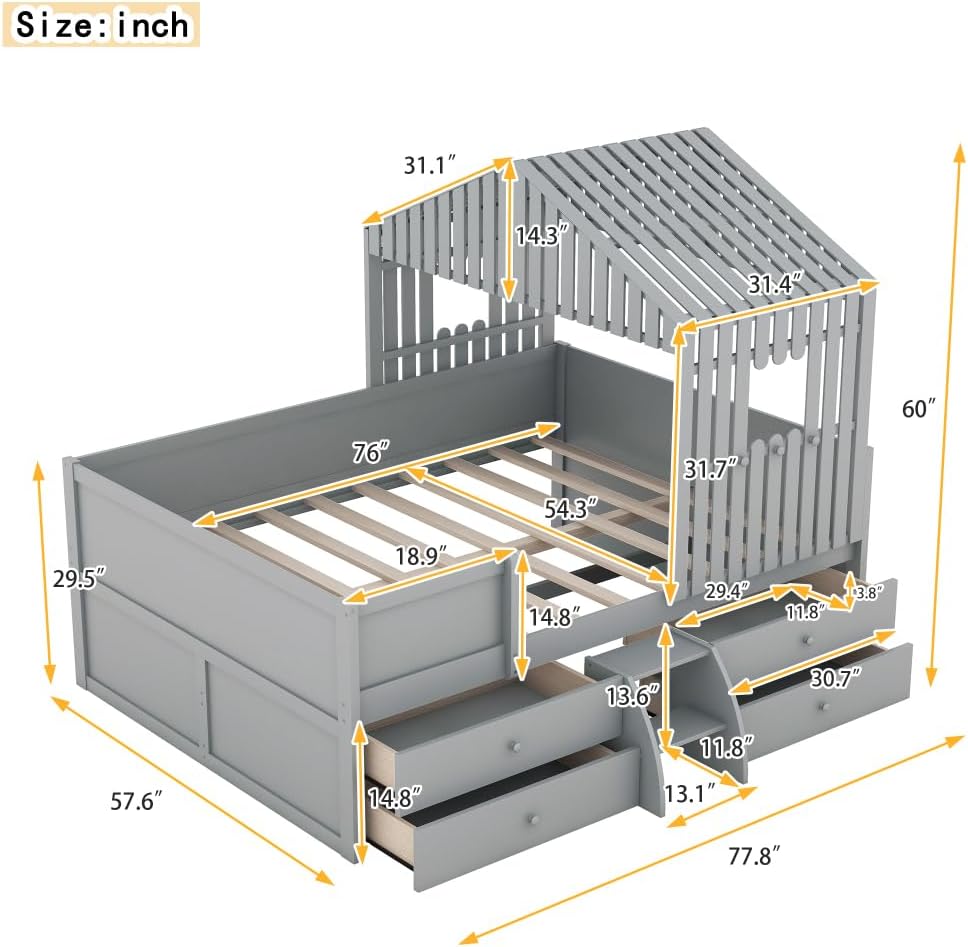 Full Size House Low Loft Bed with Four Drawers,Gray 2-Numbers of Package Pine+MDF 350Lb 10pcs 77.8" L*57.6" W*60" H Wood GX001806AAE-1
