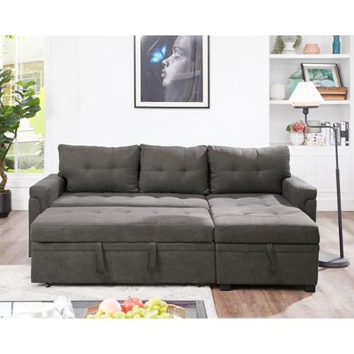 Naomi Home Jenny Sectional Sofa Sleeper with Storage Chaise, Tufted Pull Out Couch with Storage, L-Shaped Reversible Sleeper Sofa with Storage, Black,Air Leather