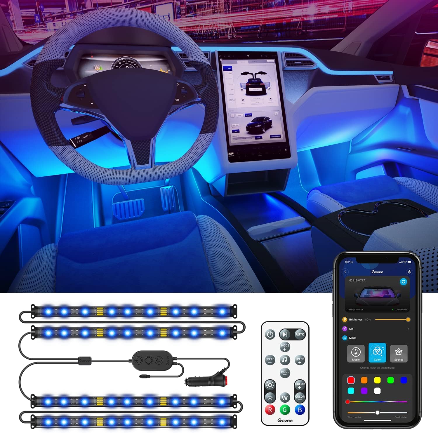 Govee Car LED Lights, Smart Car Lights with APP Control, Music Sync Interior Car Lights with 7 Scene Modes and 16 Million Colors, 2 Lines Design RGB Under Dash Car Lighting with Car Charger, DC 12V