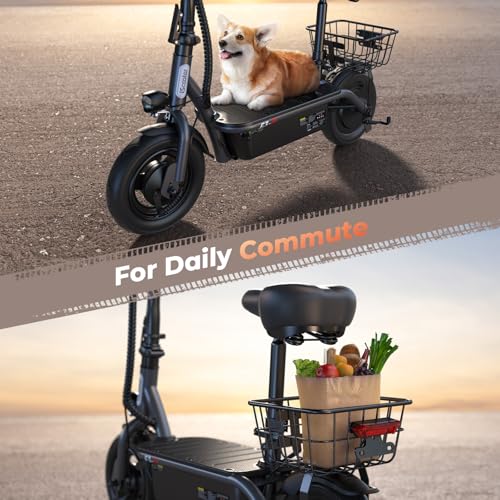 iScooter Electric Scooter with Seat, 37/21 Miles Long Range & 28/19/15.6 MPH Top Speed, 14"/12"/10" Pneumatic Tire, Height Adjustable Seat & Handlebar, Dual Suspensions Commuting Scooter with Basket