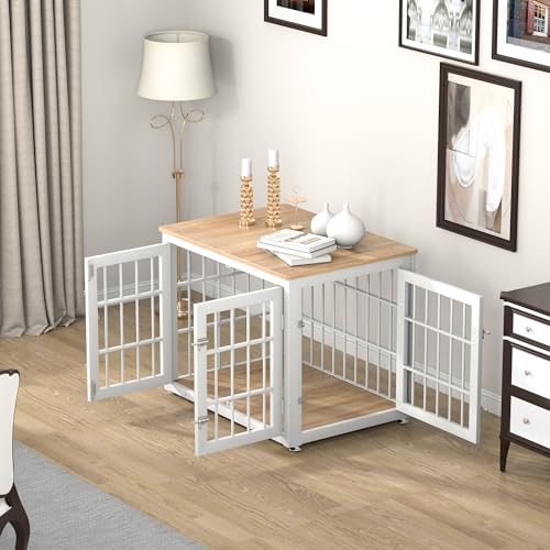 48 Inch Heavy Duty Dog Crate Furniture for Large Dogs, Decorative Pet House End Table, Extra Large Wooden Cage Kennel Furniture Indoor, Natural and White