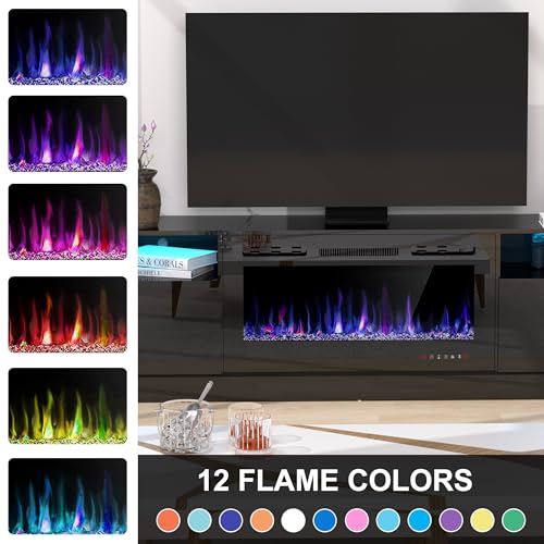 70" Fireplace TV Stand for TVs Up to 80" with 36" Electric Fireplace, TV Console for The Living Room, LED Light Entertainment Center, Storage Cabinet, Media Console Table, White
