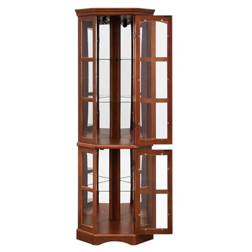Corner Curio Display Cabinet with 5 Shelves and Lighting System, Wooden Accent China Cabinet with Tempered Glass Doors for Living Room, Bar and Liquor Storage Area (Oak)