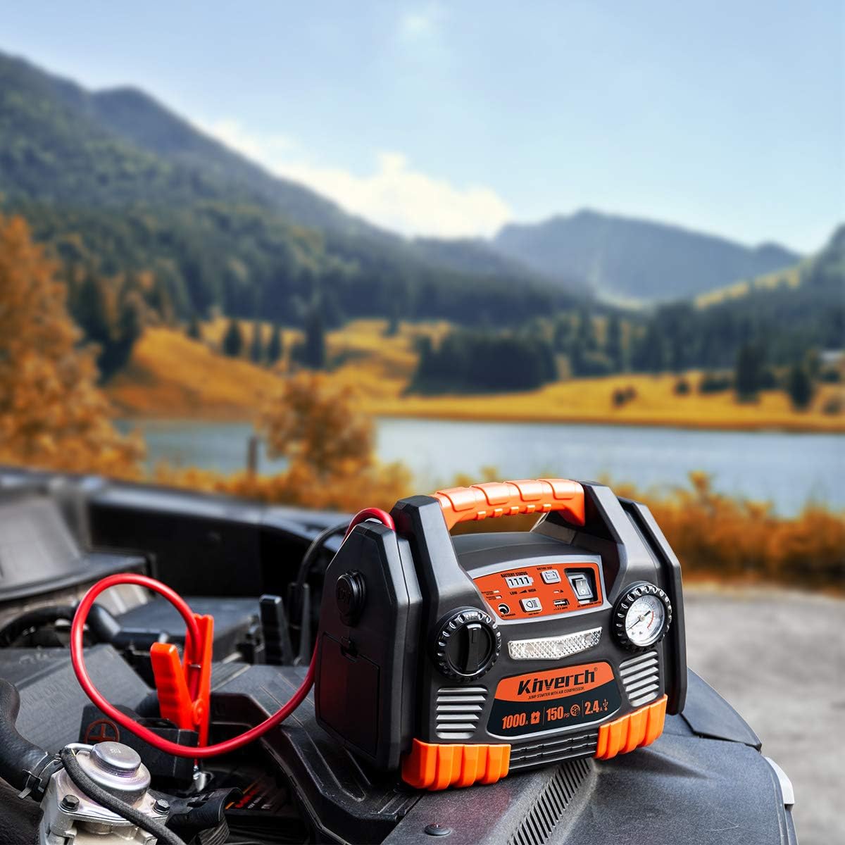 Kinverch Portable Car Jump Starter 1000 Peak Amp 12-Volt with 1-USB 1-12V Power Ports & 150 PSI Air Compressor