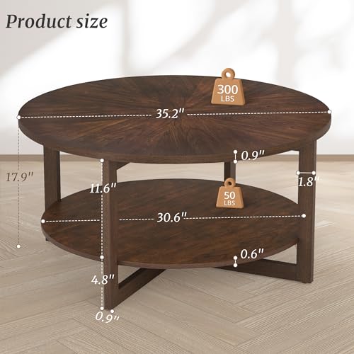 Round Coffee Table, 35" Rustic Modern Circle Coffee Tables with 2-Tier Storage Shelf, Sofa Table, Cocktail Table for Living Room, Dark Brown