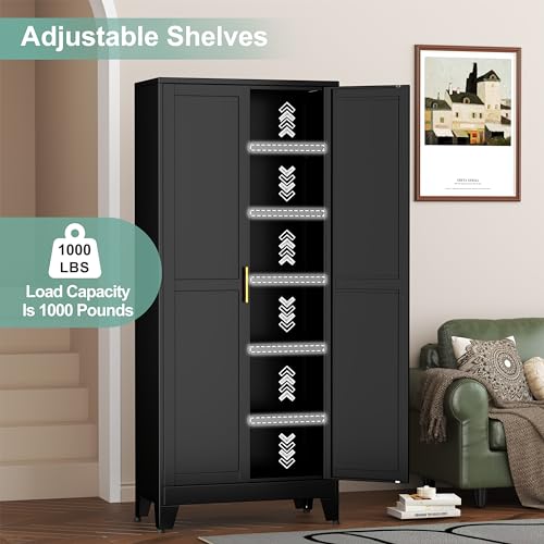 Metal Pantry Cabinet with 2 Doors and 5 Adjustable Shelves, 75" Kitchen Storage cabinets with Gold Handles, Versatile Storage for Laundry Room, Living Room, Bathroom, Dinning Room, Utility Room-White