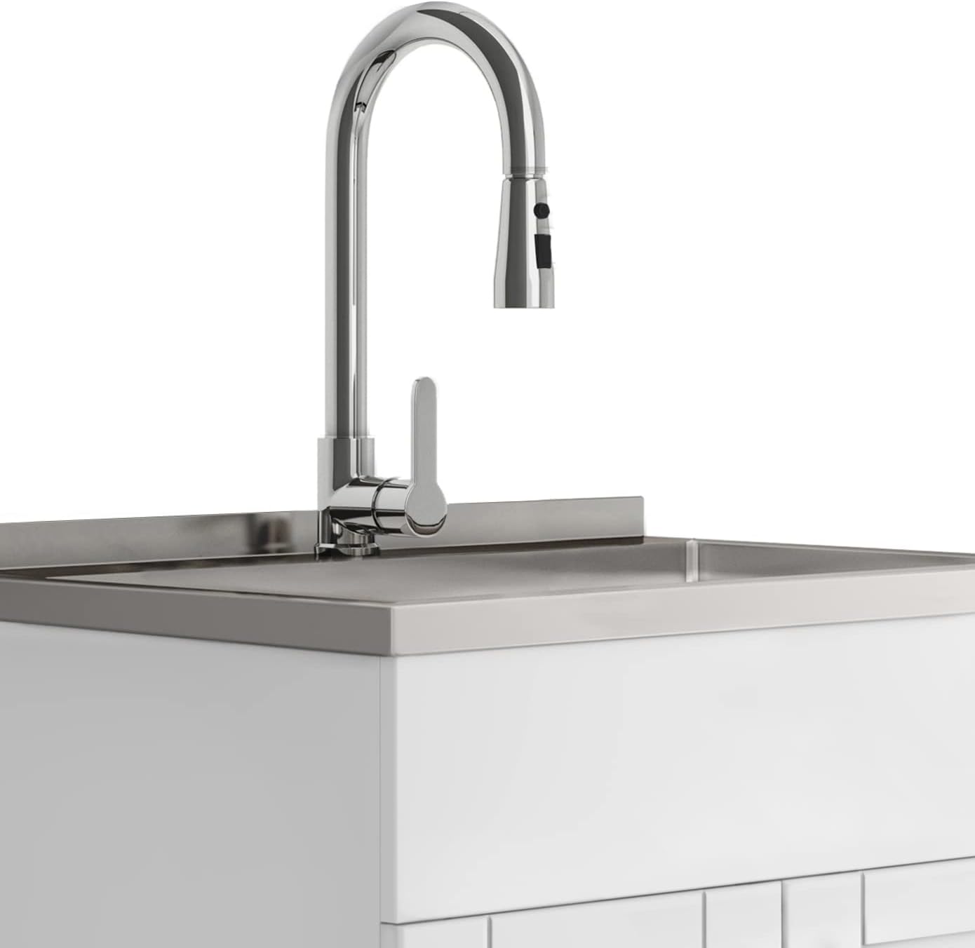 SIMPLIHOME Modern Wide Shaker Transitional 28 Inch Laundry Cabinet with Faucet and Stainless Steel Sink in White, For the Laundry Room and Utility Room