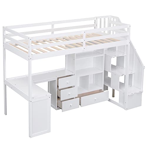 Harper & Bright Designs Twin Size Loft Bed with Storage Stairs, Wood Loft Bed with Wardrobes Space Saving Loftbed Frame for Kids & Teens Bedroom, White