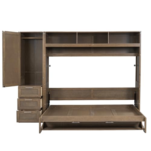 Modern Full Size Murphy Bed with Wardrobe,Storage Drawers and Open Shelves,Solid Wood Wall Bed Frame for Bedroom Guest Room Home Office Study,Easy Assembly (Antique Grey, Full)