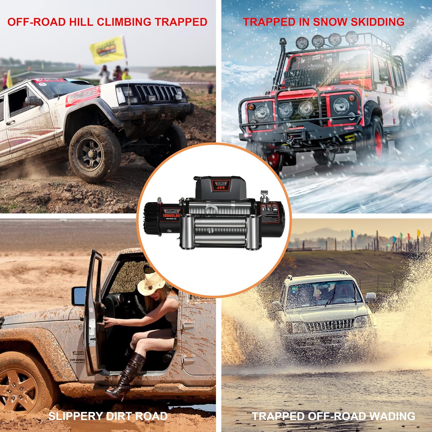 JCS 12000 lb. Electric Winch Load Capacity.12V Winch Cable Steel Wire Electric Winch with Hawse Fairlead,Waterproof IP67 Winch with Wireless Handheld Remotes and Wired Handle Winch Cover Waterproof