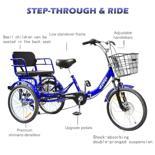 Adult Tricycle 7 Speed, 20 Inch 3 Wheel Bikes Folding Tricycle for Adults,for Women/Men/Seniors, Fork Shock Absorption Wheel Cruiser Bike w/Front&Rear Basket for Shopping/Children
