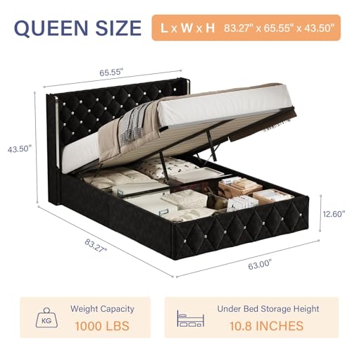HOMBCK Full Size Lift Up Storage Bed Frame, Modern Bed Frame with Diamond Headboard, Velvet Bed Frame with Sliver Wingback, Hydraulic Storage, No Box Spring Needed, Black