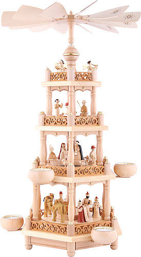 German Christmas Pyramid Nativity Scene, 3-tier, Height 55 cm / 22 inch, Natural with Tealights, Original Erzgebirge by Richard