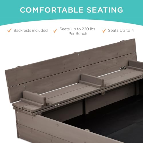 Best Choice Products Kids' Outdoor Wooden Sandbox Large, Cedar Wood with Foldable Bench Seats and Sand Protection, Bottom Liner Included - Walnut