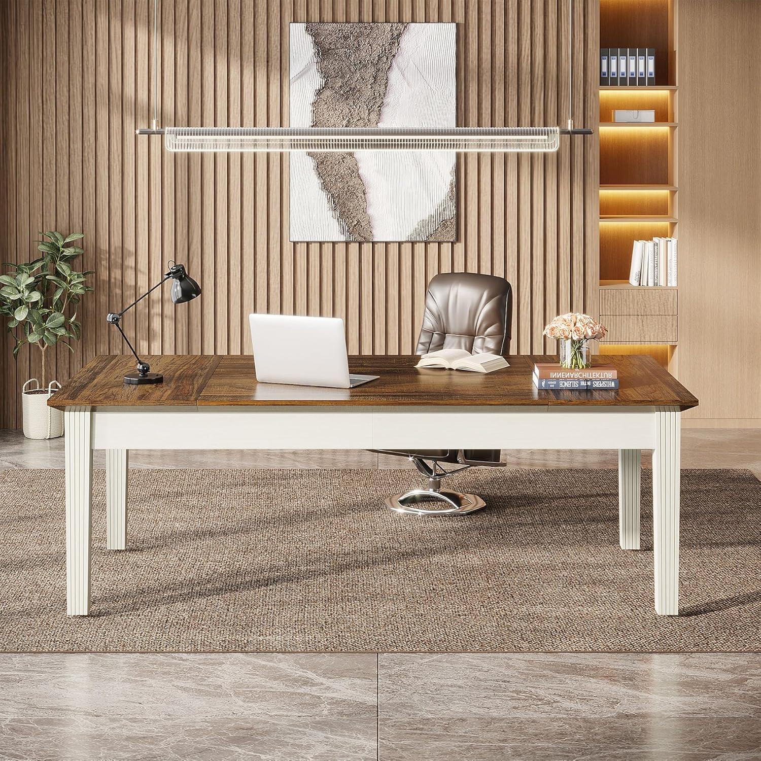 Tribesigns 62-Inch Computer Desk, Large Office Executive Desk with Solid Wood Legs, Modern Simple Laptop Desk Study Writing Table Workstation Furniture for Home Office, Rustic Brown & White